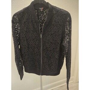 ​G By Guess Medium Black Floral Lace Full Zip Bomber Jacket Women Ribbed Trim